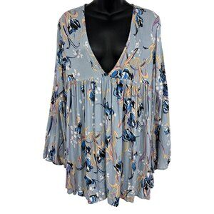 Free People Floral Blouse Top Medium M Gray Blue Pink Women Boho Babydoll VGUC